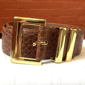 Toledano Embossed Leather Brown Belt Gold Hardware Women's Size 36 Career Casual